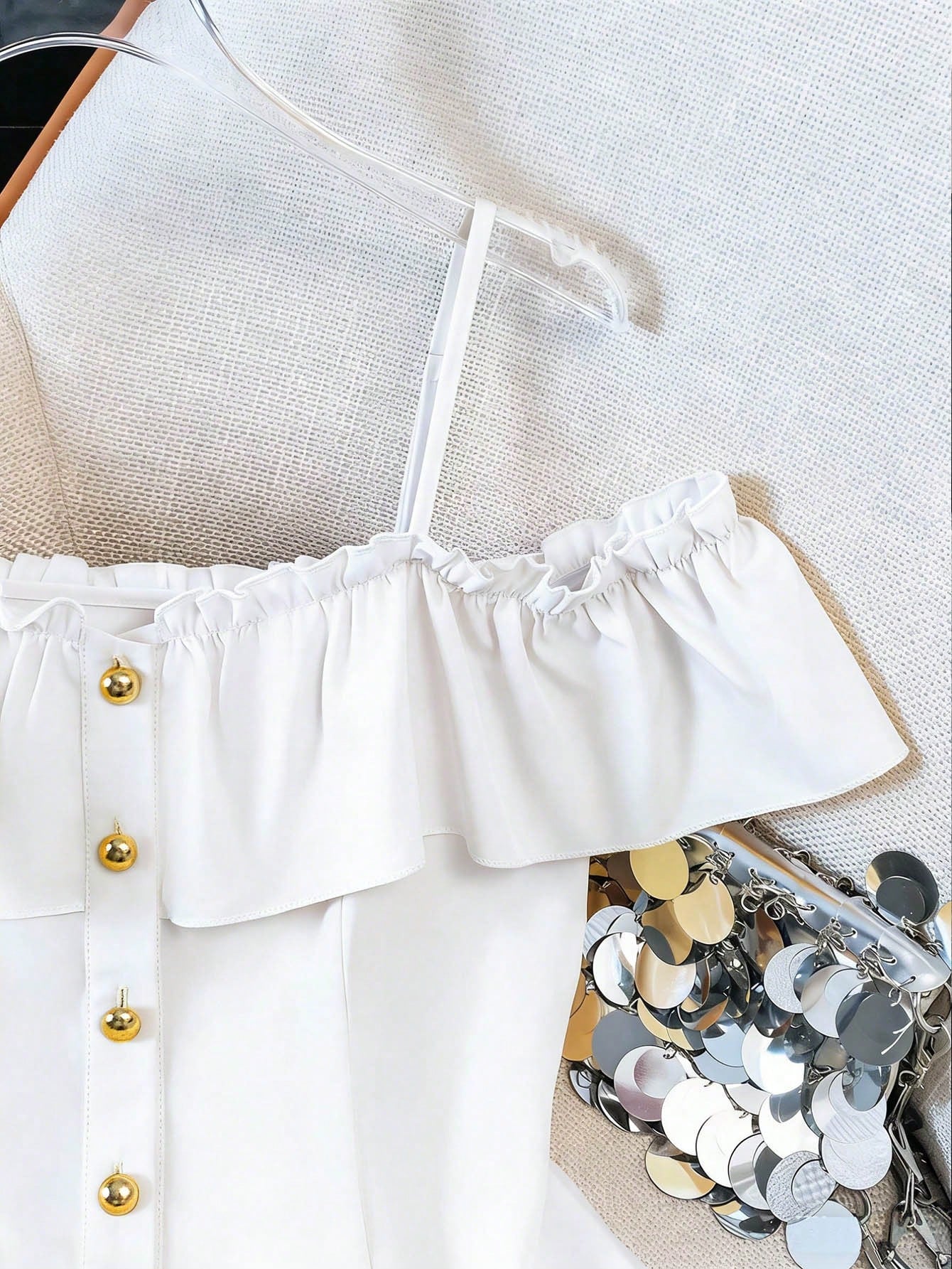 Franclia Women's Summer Solid Color Ruffle Trim Front Button Off Shoulder Blouse