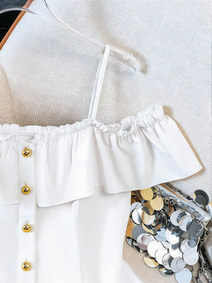 Franclia Women's Summer Solid Color Ruffle Trim Front Button Off Shoulder Blouse