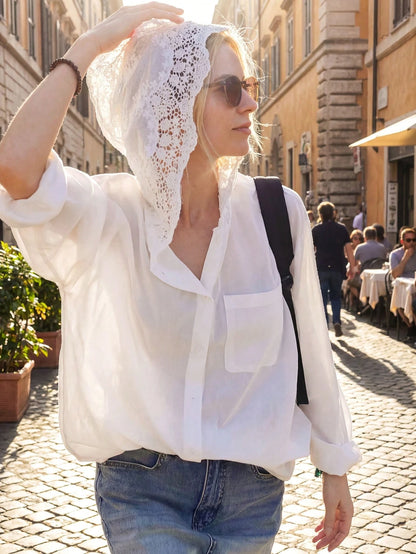 French Hollow Crochet Hooded Long Sleeve Blouse, Loose Street Style Fashionable Elegant Thin Shirt For Women, Autumn/Winter White Spring, French Girl Style
