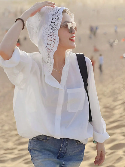 French Hollow Crochet Hooded Long Sleeve Blouse, Loose Street Style Fashionable Elegant Thin Shirt For Women, Autumn/Winter White Spring, French Girl Style