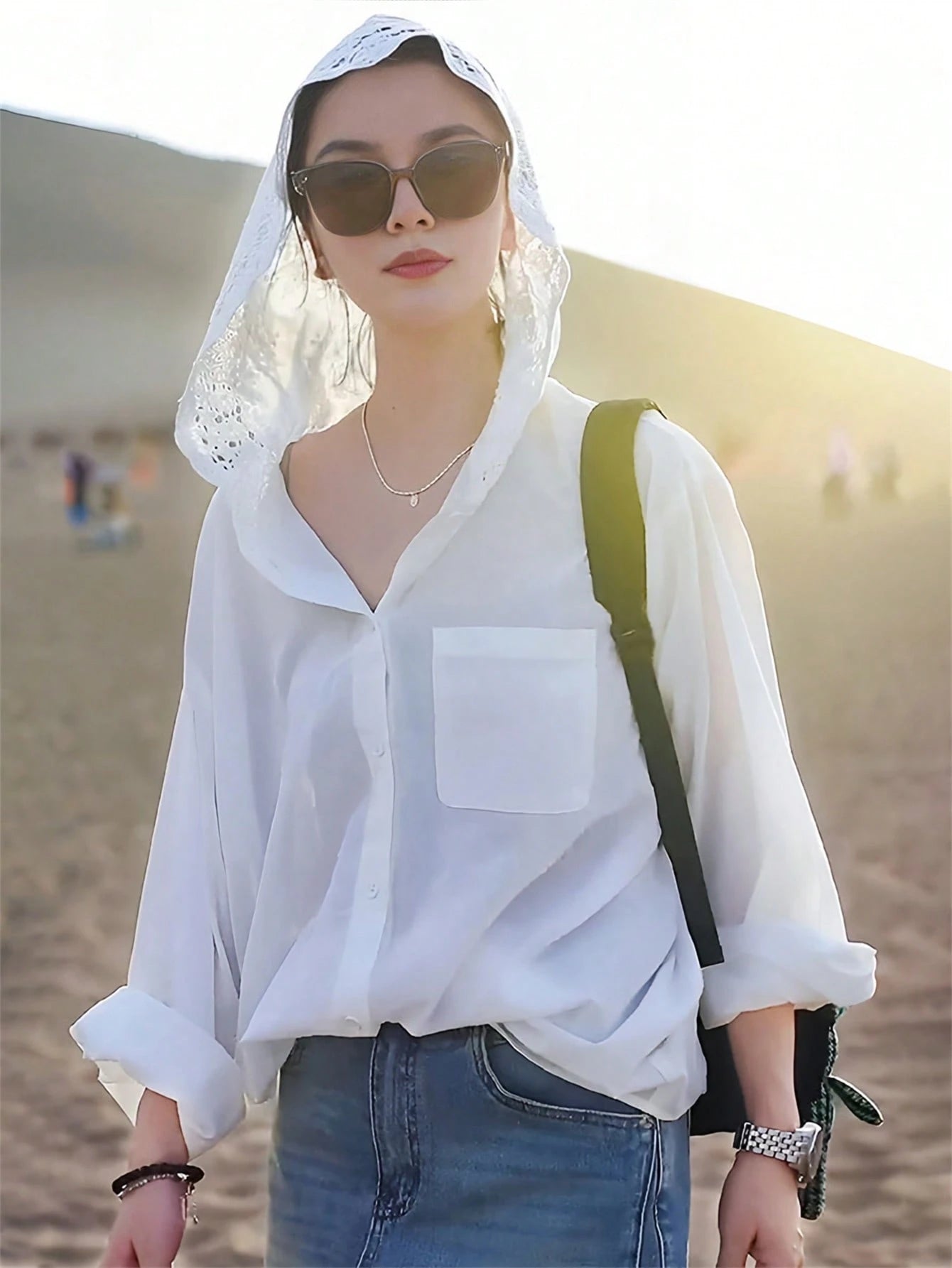 French Hollow Crochet Hooded Long Sleeve Blouse, Loose Street Style Fashionable Elegant Thin Shirt For Women, Autumn/Winter White Spring, French Girl Style