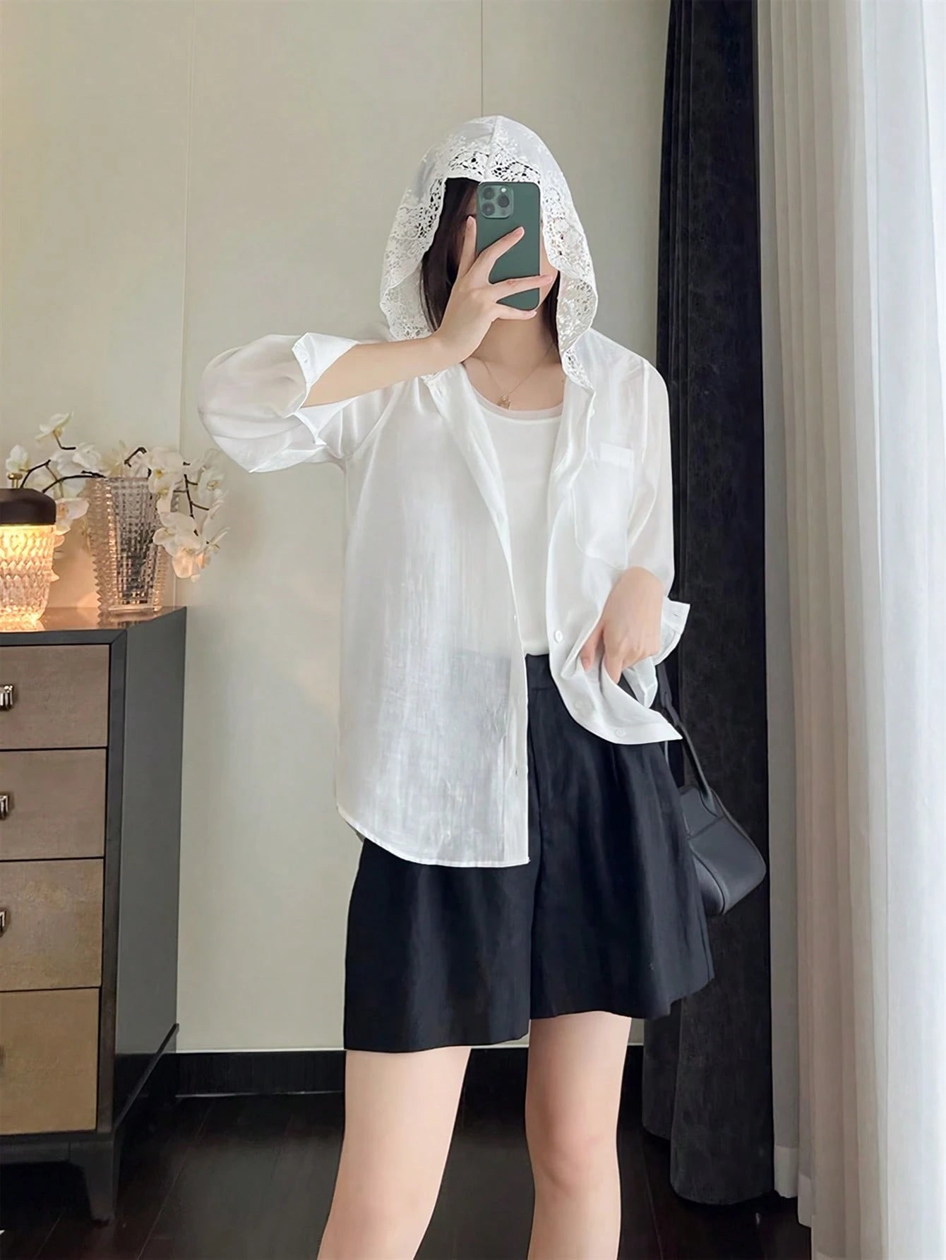 French Hollow Crochet Hooded Long Sleeve Blouse, Loose Street Style Fashionable Elegant Thin Shirt For Women, Autumn/Winter White Spring, French Girl Style