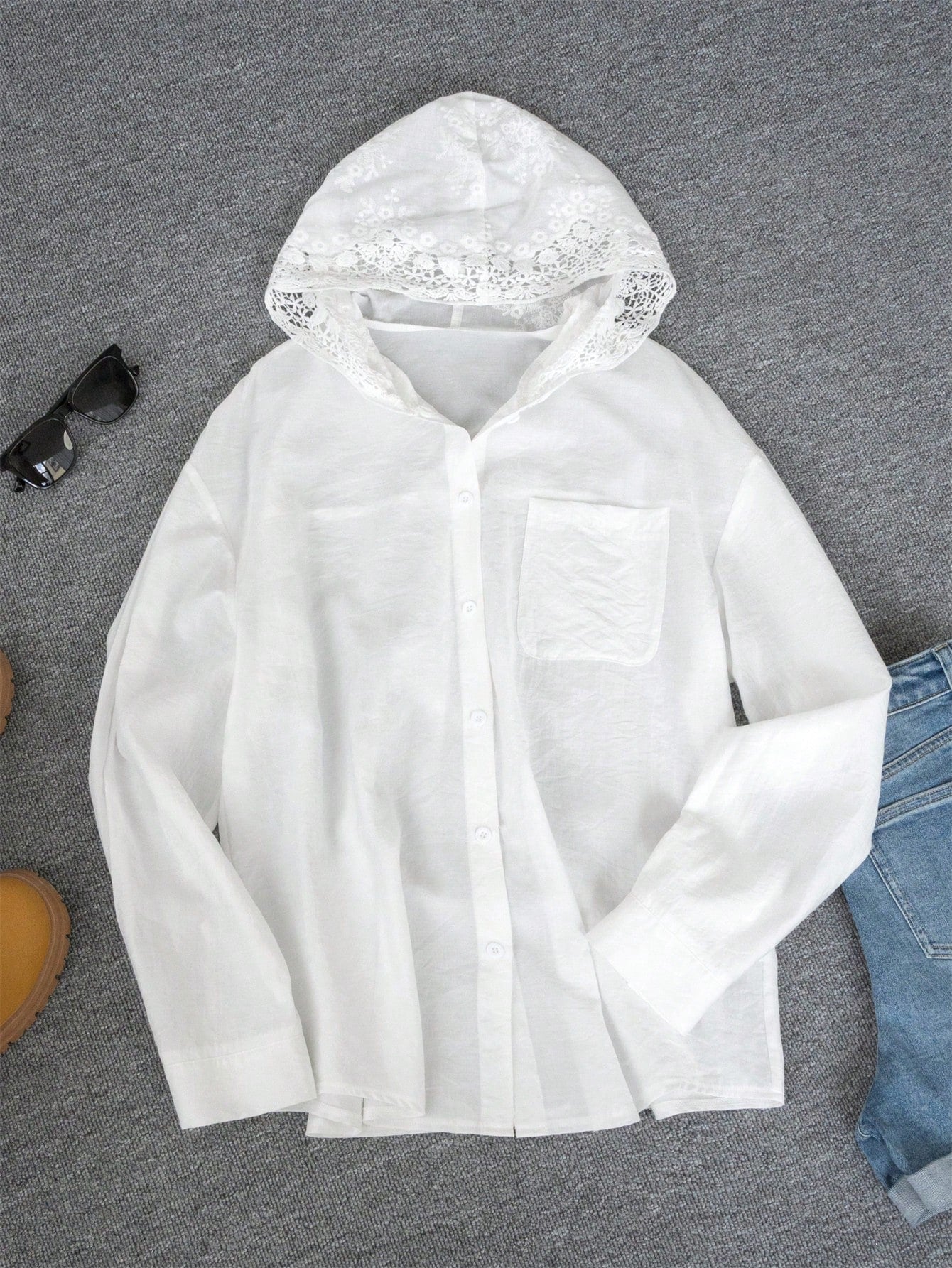 French Hollow Crochet Hooded Long Sleeve Blouse, Loose Street Style Fashionable Elegant Thin Shirt For Women, Autumn/Winter White Spring, French Girl Style