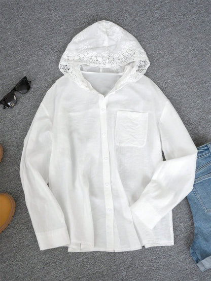 French Hollow Crochet Hooded Long Sleeve Blouse, Loose Street Style Fashionable Elegant Thin Shirt For Women, Autumn/Winter White Spring, French Girl Style