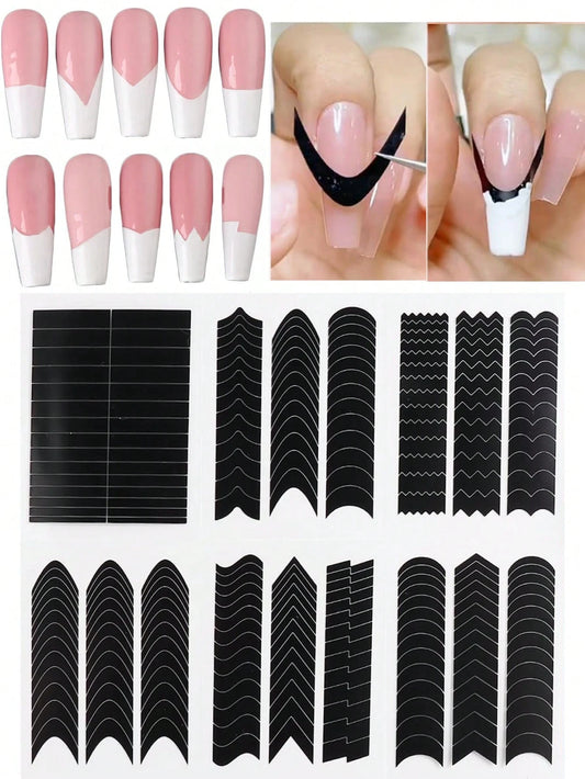 French Tip Nail Stickers 6 Sheets French Manicure Strips French Tips Guides Self-Adhesive Nail Sticker French Tip Nail Tool Wave Lines Nail Tape For Nail Art Airbrush Stencils Set,Nail Supplies,Nail T