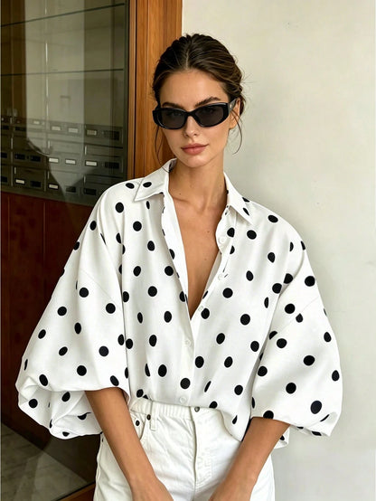French Vintage Polka Dot Print Shirt, Summer New Loose Puff Sleeve Blouse, Drapey Slimming Versatile Commute Casual Slouchy Lapel White