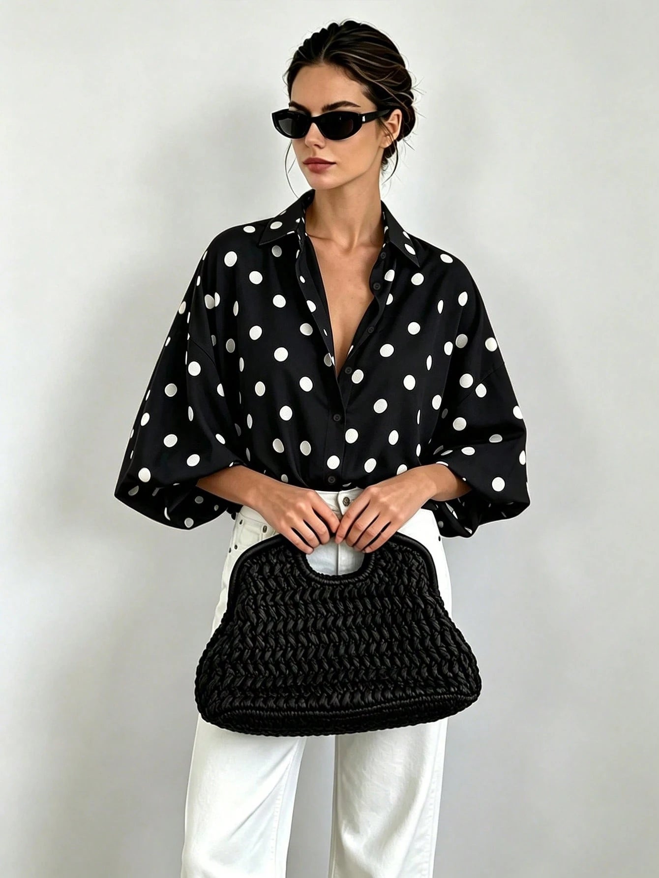 French Vintage Polka Dot Print Shirt, Summer New Loose Puff Sleeve Blouse, Drapey Slimming Versatile Commute Casual Slouchy Lapel White