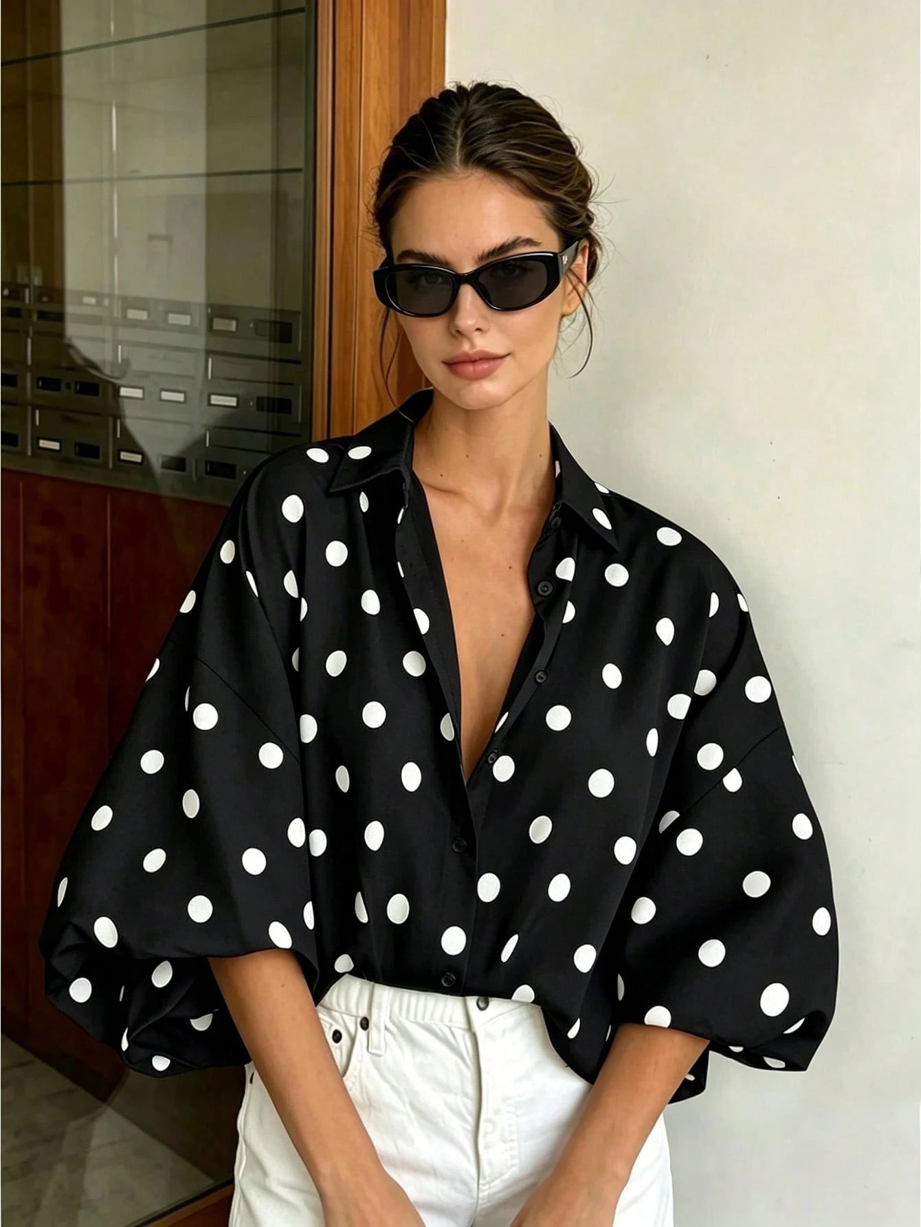 French Vintage Polka Dot Print Shirt, Summer New Loose Puff Sleeve Blouse, Drapey Slimming Versatile Commute Casual Slouchy Lapel White