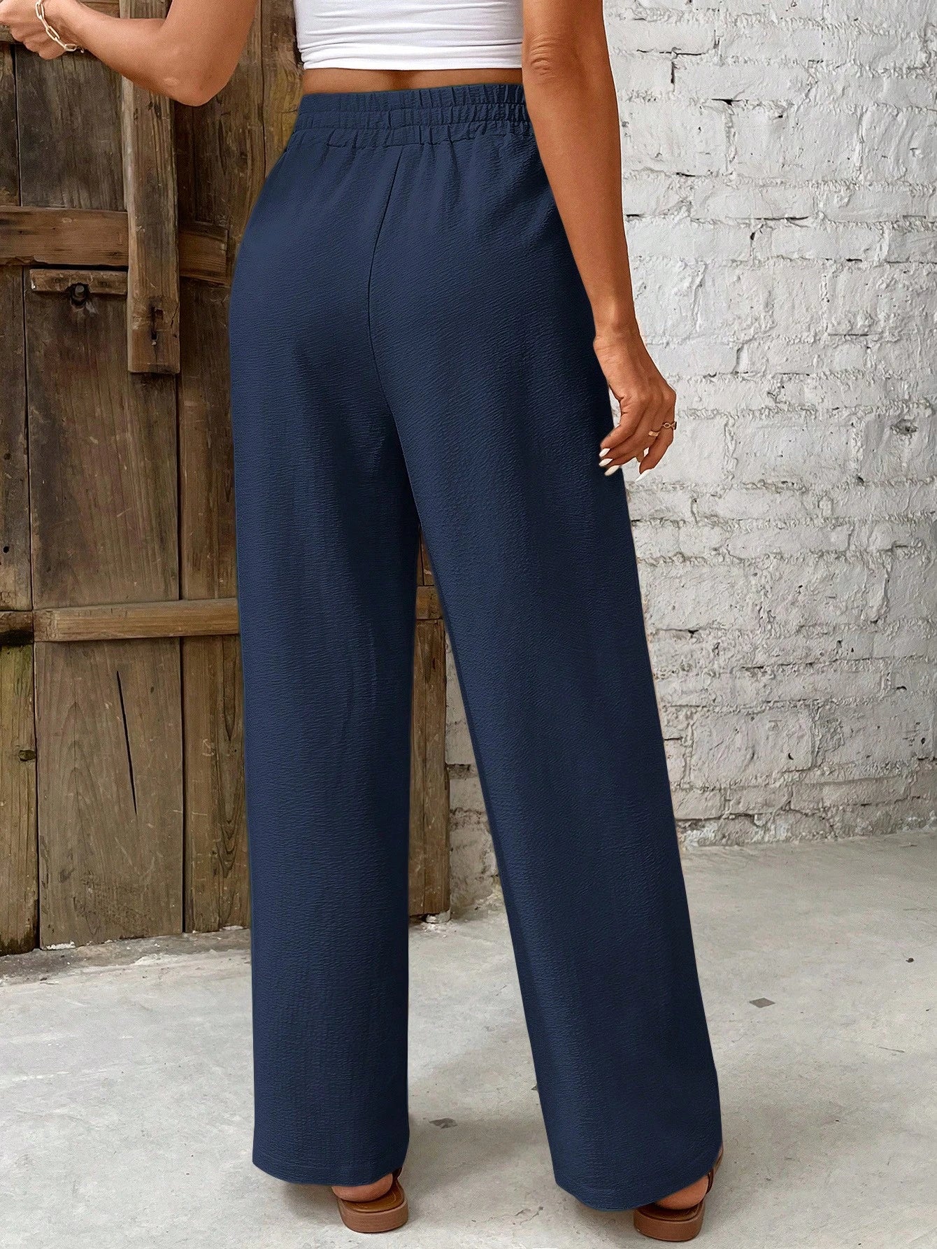 Frenchy Women Solid Color Tie Waist Straight Loose Casual Pants Winter Blue Spring
