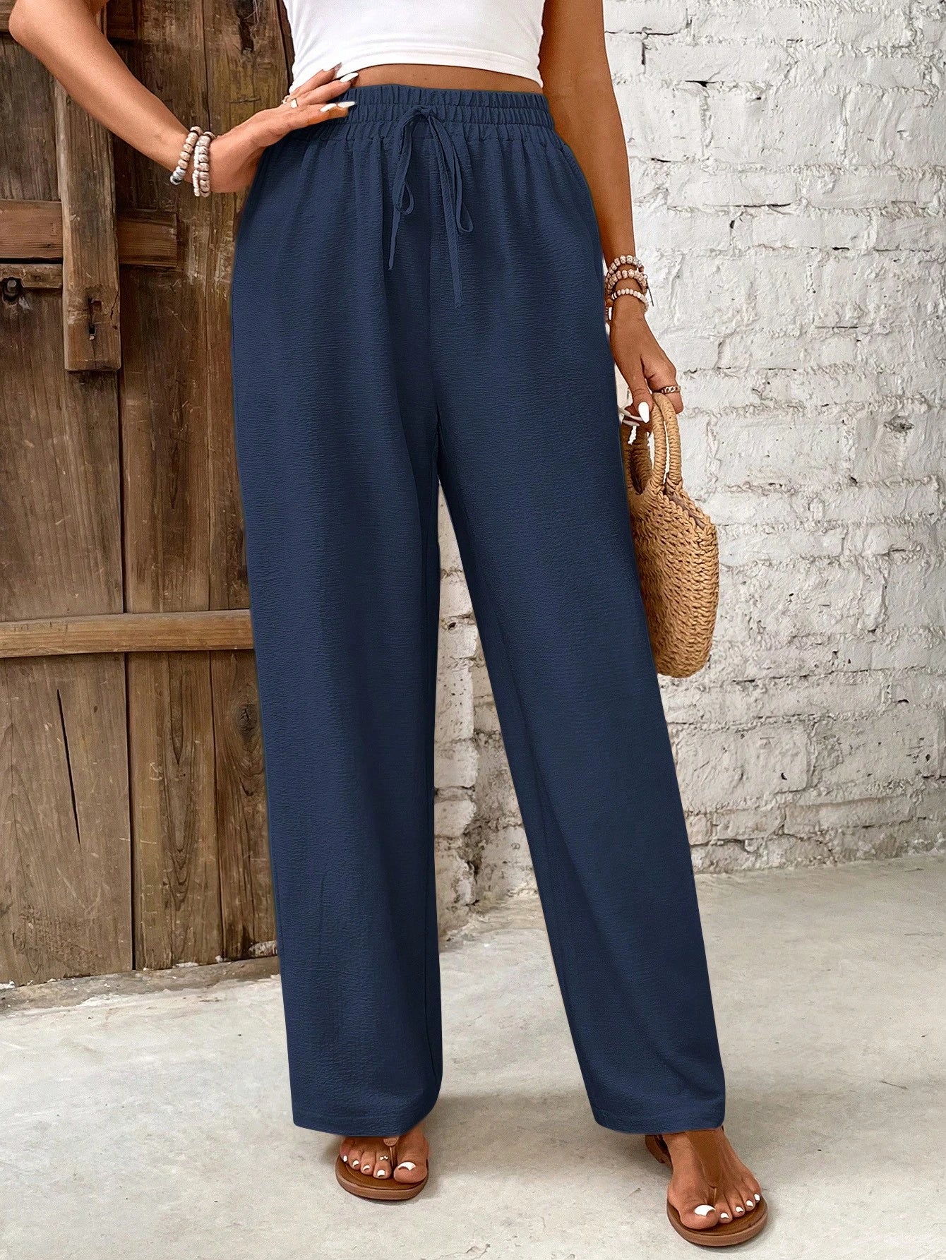 Frenchy Women Solid Color Tie Waist Straight Loose Casual Pants Winter Blue Spring