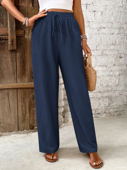 Frenchy Women Solid Color Tie Waist Straight Loose Casual Pants Winter Blue Spring