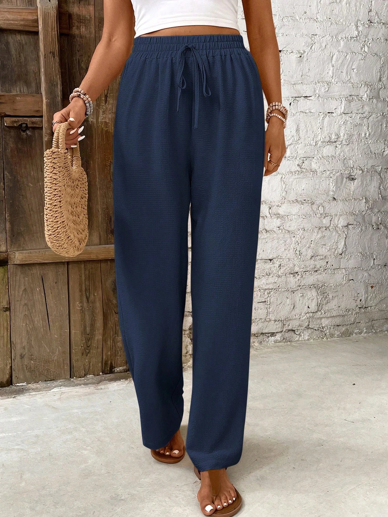 Frenchy Women Solid Color Tie Waist Straight Loose Casual Pants Winter Blue Spring