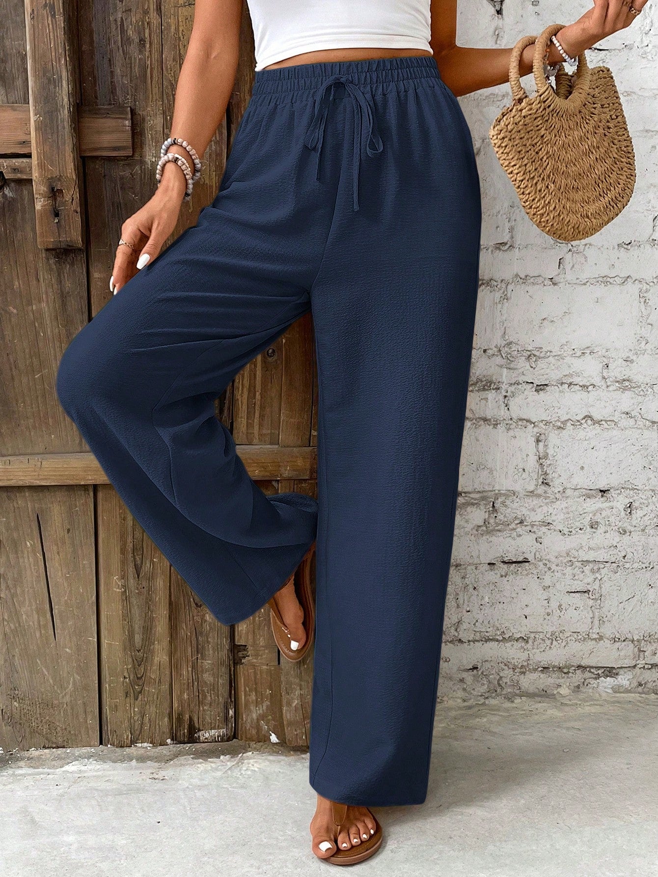 Frenchy Women Solid Color Tie Waist Straight Loose Casual Pants Winter Blue Spring