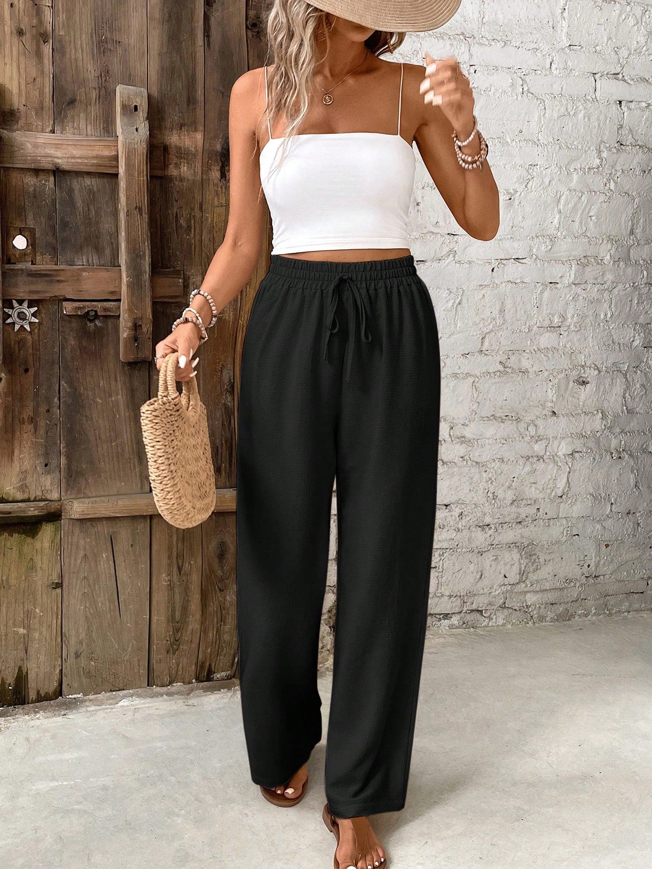 Frenchy Women Solid Color Tie Waist Straight Loose Casual Pants Winter Blue Spring