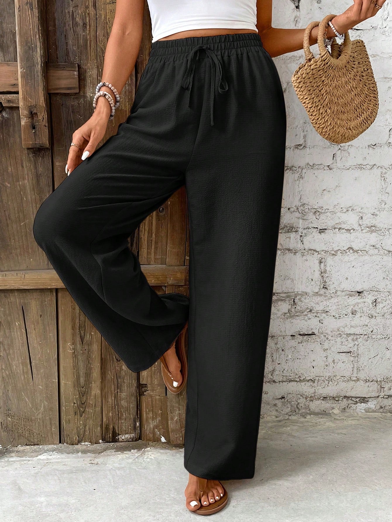Frenchy Women Solid Color Tie Waist Straight Loose Casual Pants Winter Blue Spring