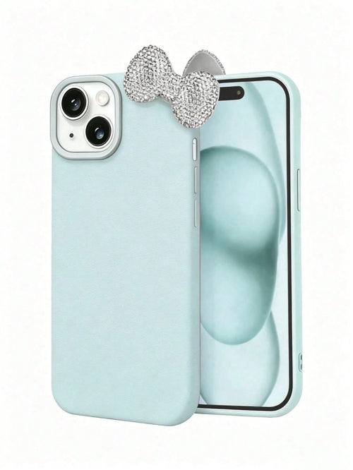 Fresh Light Mint Green Leather Phone Case 2-Piece Set (Case + Rhinestone Bow)| Gentle Light Blue Full Rhinestone Detachable Bow Luxury Leather Texture Phone Case, Compatible With Apple 17/17 Pro/17 P