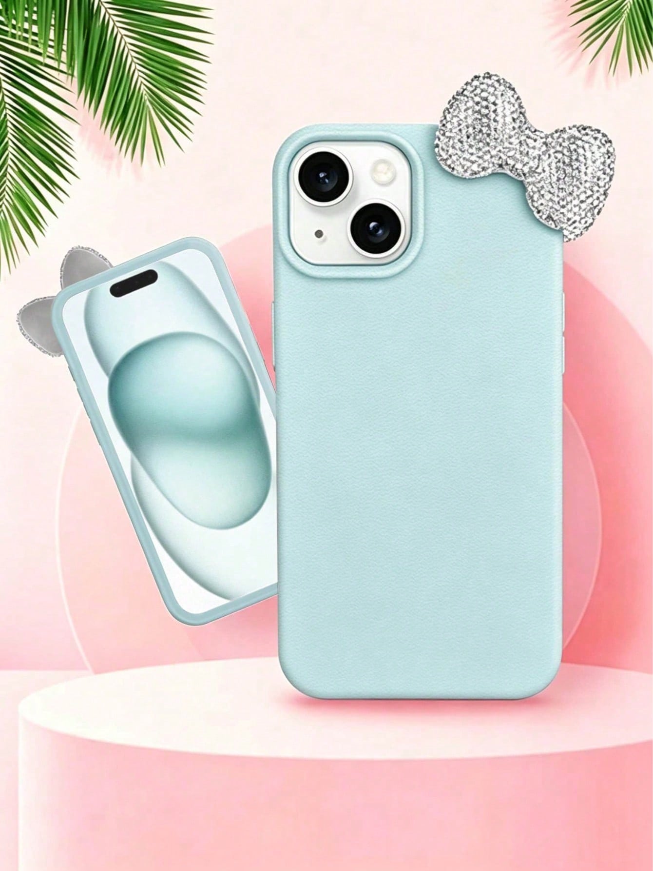 Fresh Light Mint Green Leather Phone Case 2-Piece Set (Case + Rhinestone Bow)| Gentle Light Blue Full Rhinestone Detachable Bow Luxury Leather Texture Phone Case, Compatible With Apple 17/17 Pro/17 P