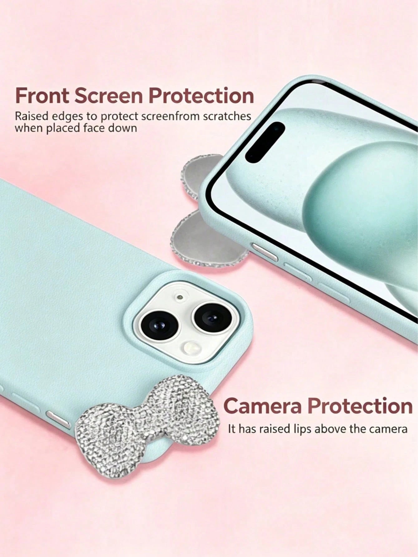 Fresh Light Mint Green Leather Phone Case 2-Piece Set (Case + Rhinestone Bow)| Gentle Light Blue Full Rhinestone Detachable Bow Luxury Leather Texture Phone Case, Compatible With Apple 17/17 Pro/17 P