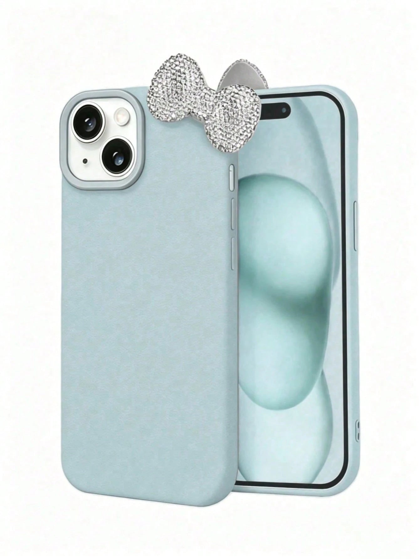 Fresh Light Mint Green Leather Phone Case 2-Piece Set (Case + Rhinestone Bow)| Gentle Light Blue Full Rhinestone Detachable Bow Luxury Leather Texture Phone Case, Compatible With Apple 17/17 Pro/17 P