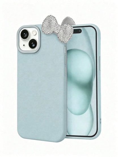 Fresh Light Mint Green Leather Phone Case 2-Piece Set (Case + Rhinestone Bow)| Gentle Light Blue Full Rhinestone Detachable Bow Luxury Leather Texture Phone Case, Compatible With Apple 17/17 Pro/17 P