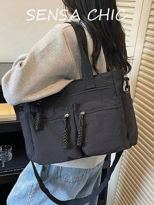 Front Dual-Pocket Tote Bag With Long Front Zipper Pocket, Woven Rope Zipper Pull Detail, Multi-Compartment Storage For Laptop, Books, Baby Supplies And Travel Essentials, Main Compartment Anti-Theft Z