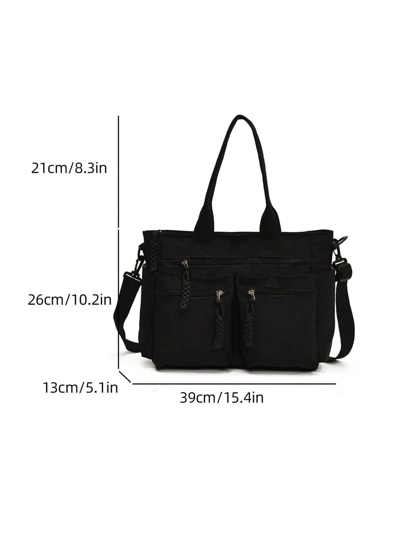 Front Dual-Pocket Tote Bag With Long Front Zipper Pocket, Woven Rope Zipper Pull Detail, Multi-Compartment Storage For Laptop, Books, Baby Supplies And Travel Essentials, Main Compartment Anti-Theft Z