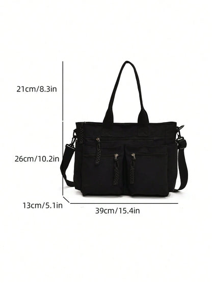 Front Dual-Pocket Tote Bag With Long Front Zipper Pocket, Woven Rope Zipper Pull Detail, Multi-Compartment Storage For Laptop, Books, Baby Supplies And Travel Essentials, Main Compartment Anti-Theft Z