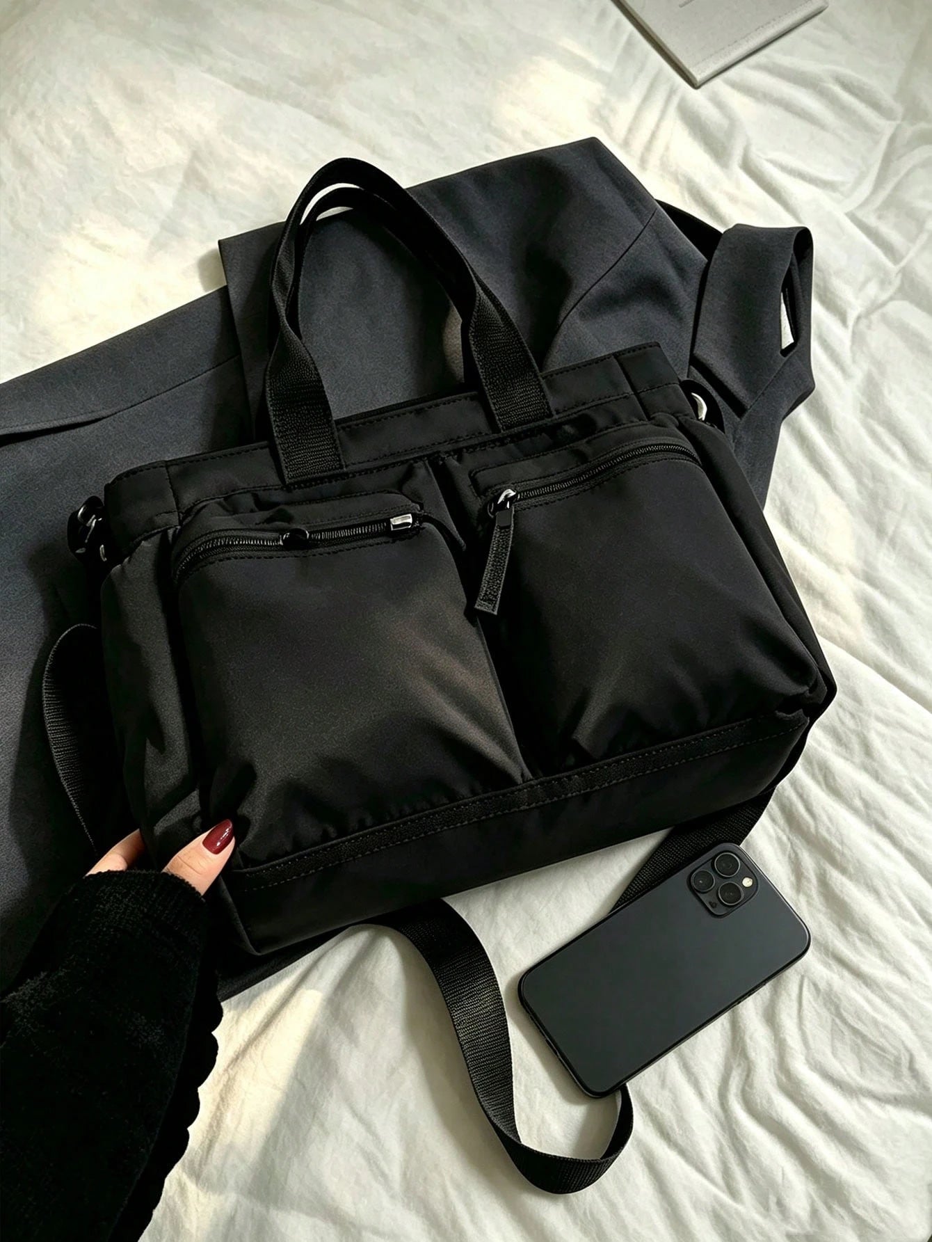 Front Dual-Pocket Tote Bag With Long Front Zipper Pocket, Woven Rope Zipper Pull Detail, Multi-Compartment Storage For Laptop, Books, Baby Supplies And Travel Essentials, Main Compartment Anti-Theft Z