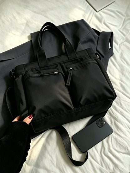 Front Dual-Pocket Tote Bag With Long Front Zipper Pocket, Woven Rope Zipper Pull Detail, Multi-Compartment Storage For Laptop, Books, Baby Supplies And Travel Essentials, Main Compartment Anti-Theft Z