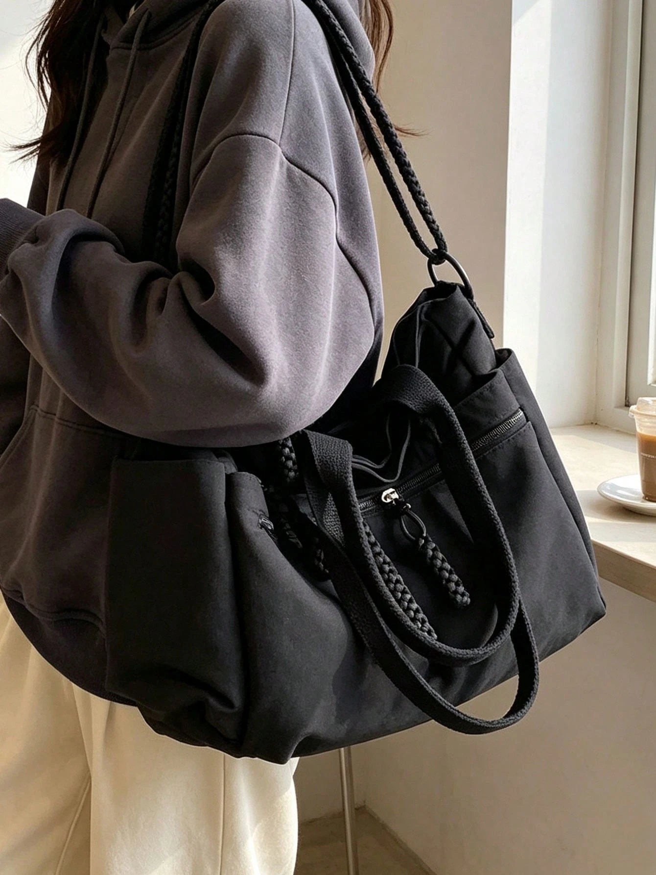 Front Dual-Pocket Tote Bag With Long Front Zipper Pocket, Woven Rope Zipper Pull Detail, Multi-Compartment Storage For Laptop, Books, Baby Supplies And Travel Essentials, Main Compartment Anti-Theft Z