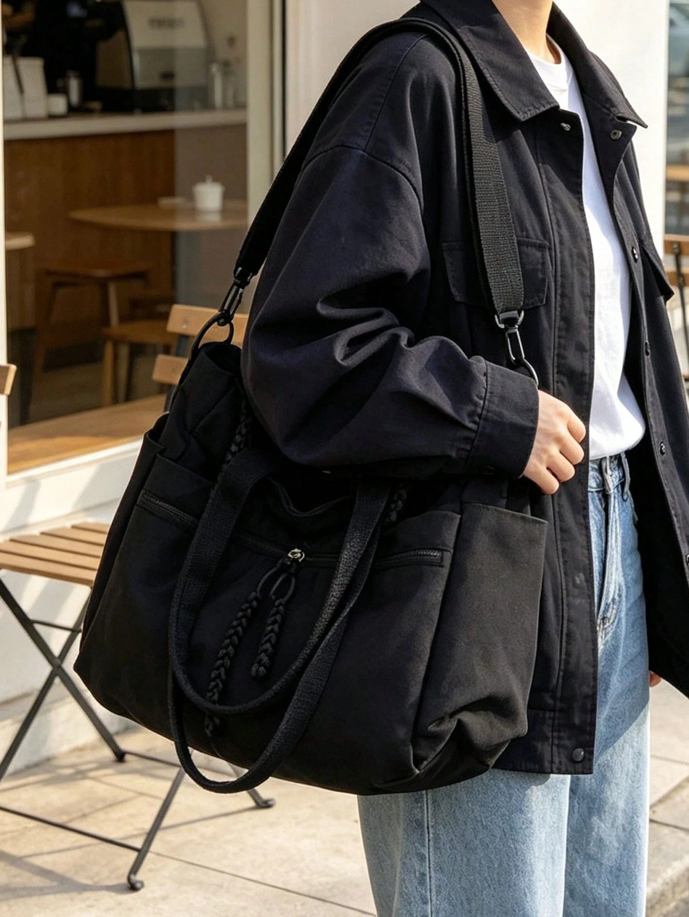 Front Dual-Pocket Tote Bag With Long Front Zipper Pocket, Woven Rope Zipper Pull Detail, Multi-Compartment Storage For Laptop, Books, Baby Supplies And Travel Essentials, Main Compartment Anti-Theft Z