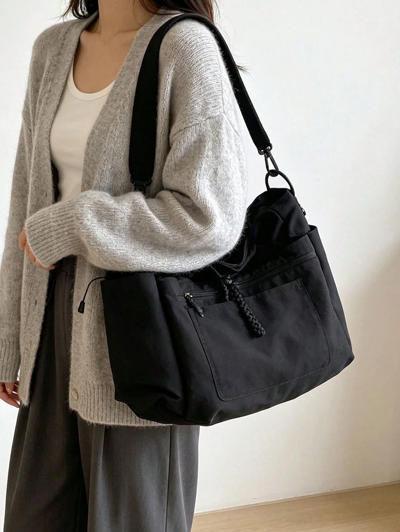 Front Dual-Pocket Tote Bag With Long Front Zipper Pocket, Woven Rope Zipper Pull Detail, Multi-Compartment Storage For Laptop, Books, Baby Supplies And Travel Essentials, Main Compartment Anti-Theft Z