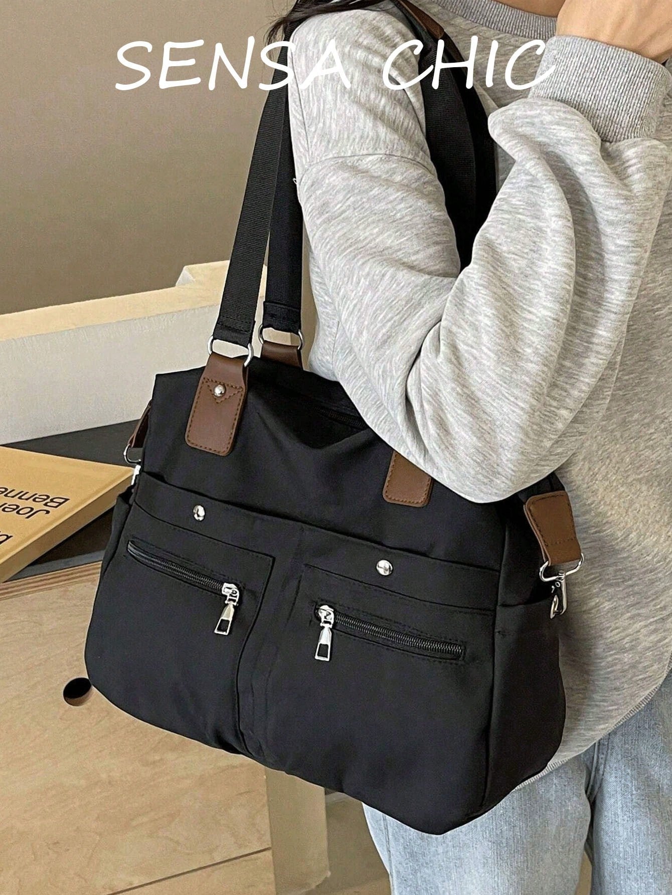 Front Dual-Pocket Tote Bag With Long Front Zipper Pocket, Woven Rope Zipper Pull Detail, Multi-Compartment Storage For Laptop, Books, Baby Supplies And Travel Essentials, Main Compartment Anti-Theft Z