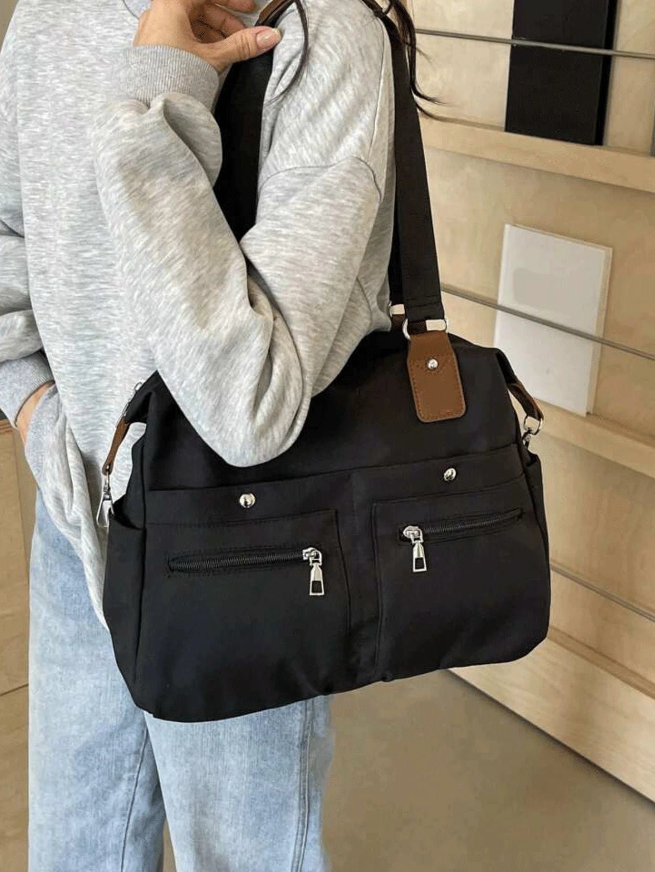 Front Dual-Pocket Tote Bag With Long Front Zipper Pocket, Woven Rope Zipper Pull Detail, Multi-Compartment Storage For Laptop, Books, Baby Supplies And Travel Essentials, Main Compartment Anti-Theft Z