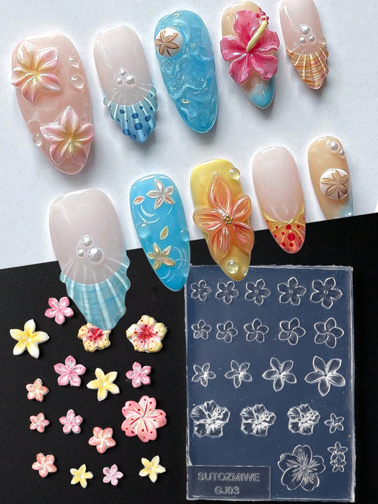 FULL BEAUTY Silicone Carving Mold For Nail Art, Floral Patterns Design Including Chrysanthemum, Plumeria, Cherry Blossom, Hibiscus, 3D Nail Art Supplies And Decorations
