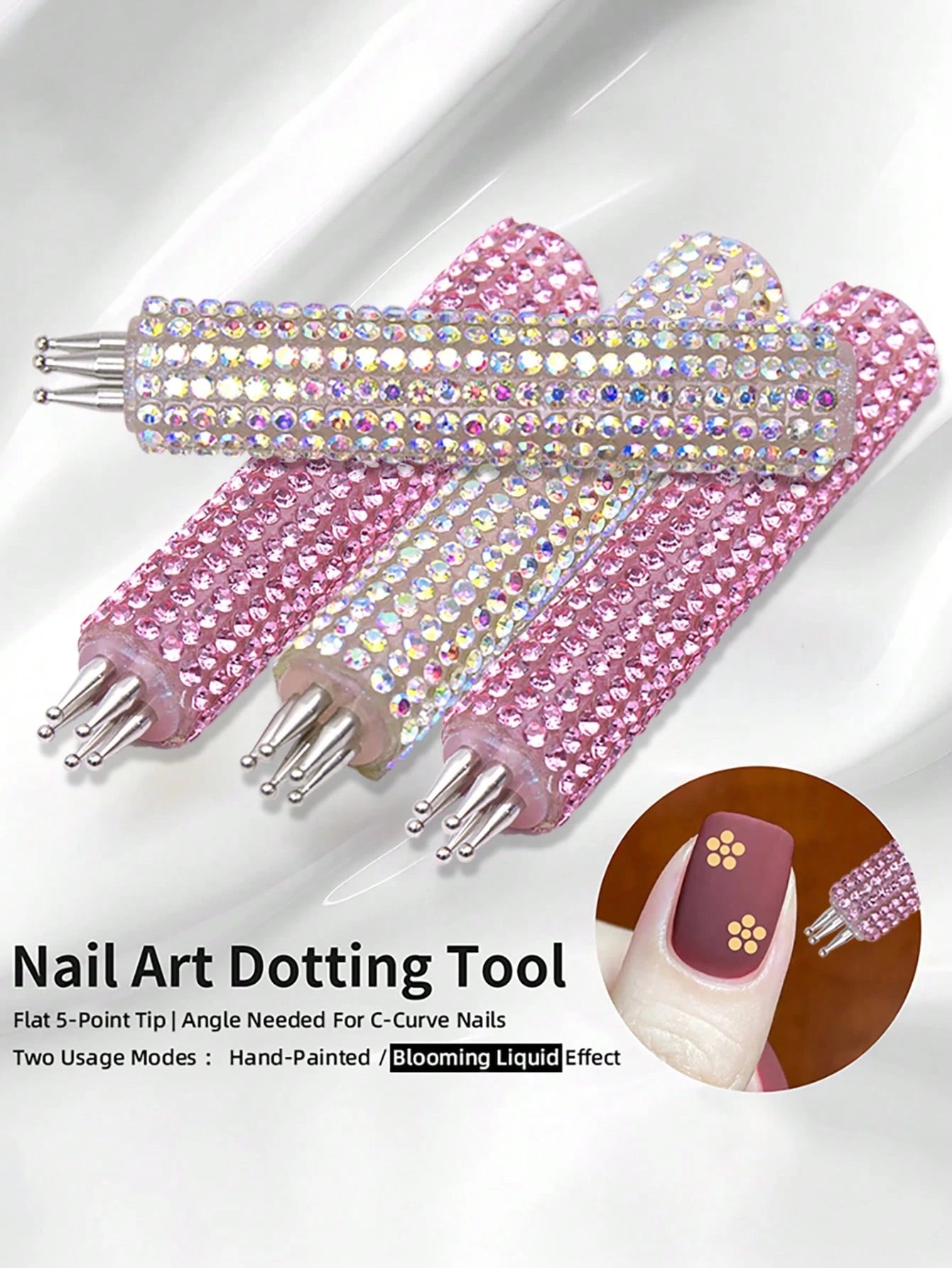 Full Rhinestone Nail Art Dotting Pen, Create Plum Blossom Pattern With One Stroke, Essential Nail Art Tool For Makeup Enthusiasts And Nail Art Beginners.
