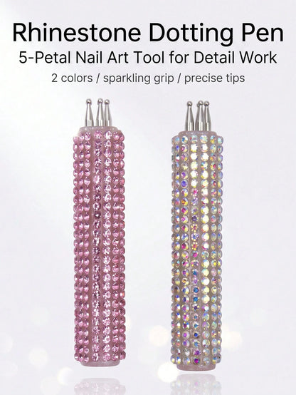 Full Rhinestone Nail Art Dotting Pen, Create Plum Blossom Pattern With One Stroke, Essential Nail Art Tool For Makeup Enthusiasts And Nail Art Beginners.