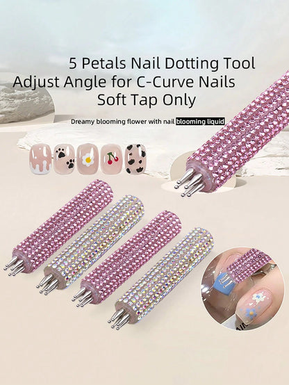 Full Rhinestone Nail Art Dotting Pen, Create Plum Blossom Pattern With One Stroke, Essential Nail Art Tool For Makeup Enthusiasts And Nail Art Beginners.