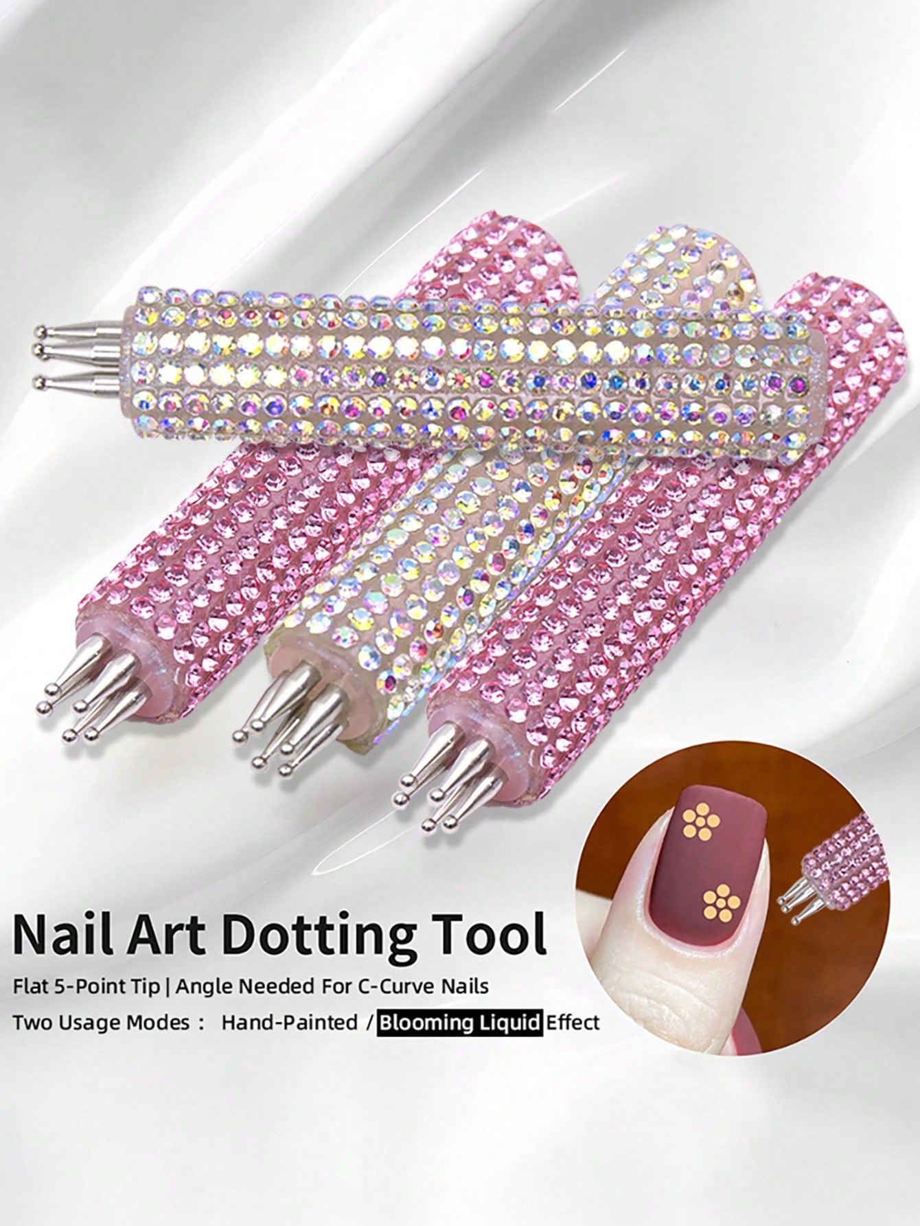 Full Rhinestone Nail Art Dotting Pen, Create Plum Blossom Pattern With One Stroke, Essential Nail Art Tool For Makeup Enthusiasts And Nail Art Beginners.