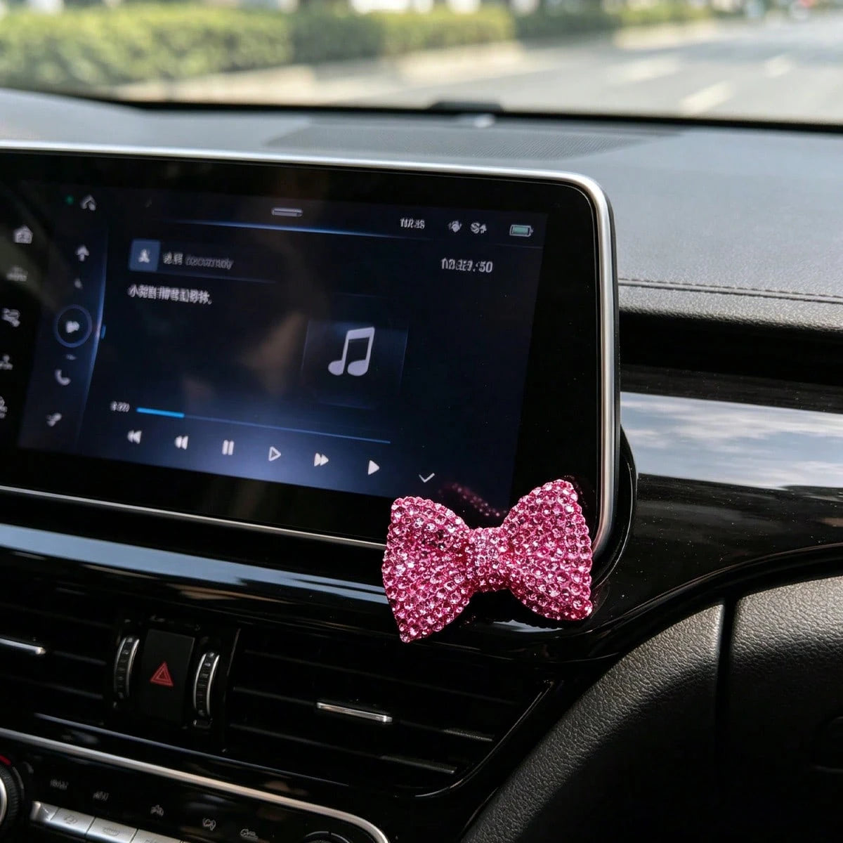 Fully Rhinestoned Pink Bow Car Decor Sticker, Shiny Crystal Girly Chic Small Accessory For Navigation Screen & Center Console
