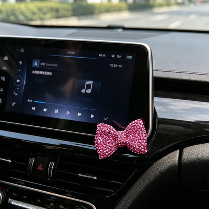 Fully Rhinestoned Pink Bow Car Decor Sticker, Shiny Crystal Girly Chic Small Accessory For Navigation Screen & Center Console