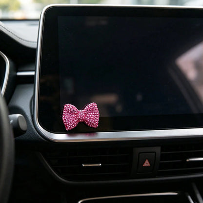 Fully Rhinestoned Pink Bow Car Decor Sticker, Shiny Crystal Girly Chic Small Accessory For Navigation Screen & Center Console
