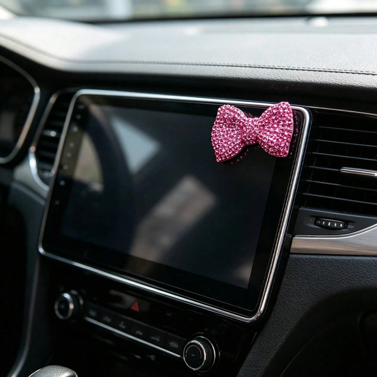 Fully Rhinestoned Pink Bow Car Decor Sticker, Shiny Crystal Girly Chic Small Accessory For Navigation Screen & Center Console
