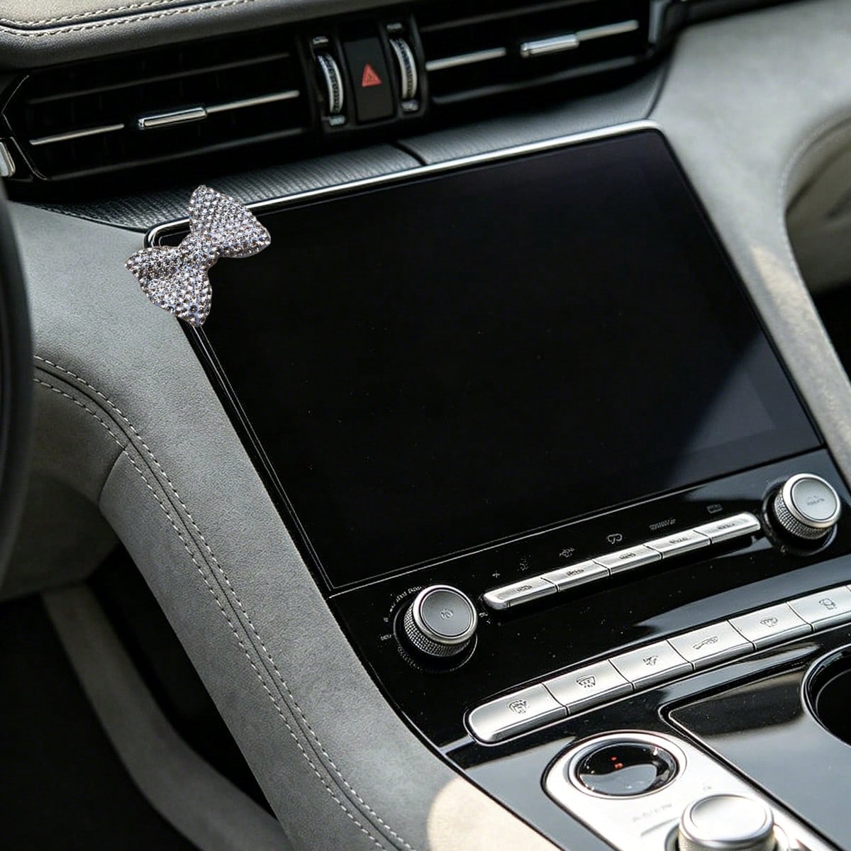 Fully Rhinestoned Pink Bow Car Decor Sticker, Shiny Crystal Girly Chic Small Accessory For Navigation Screen & Center Console