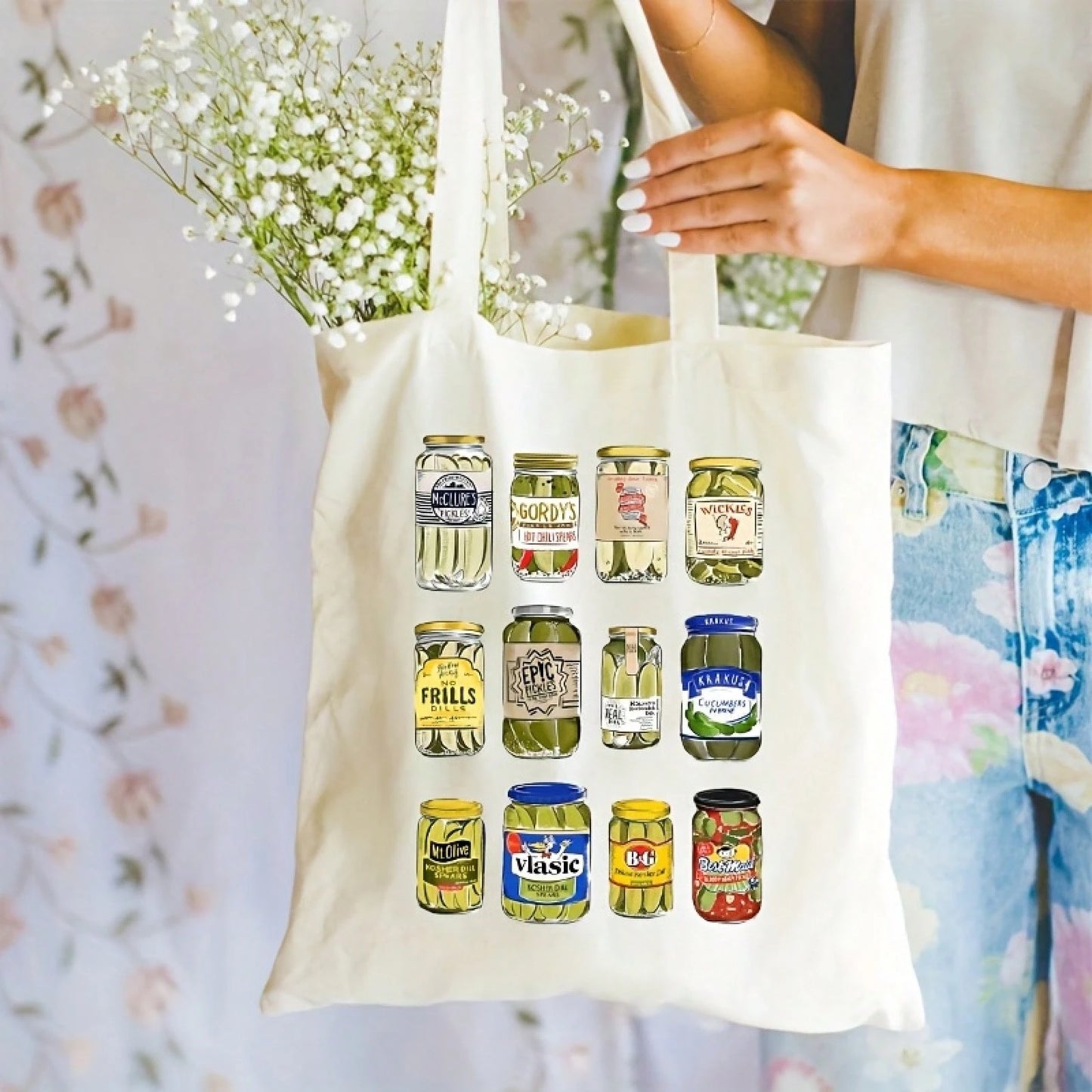 Funny Vintage Pickle Jar Illustrations Canvas Tote Bag- Beige Casual Shoulder Bag With Colorful Canned Pickles Design, Machine Washable Durable Fabric, Top Handles For Daily Commute & Picnic- Quirky