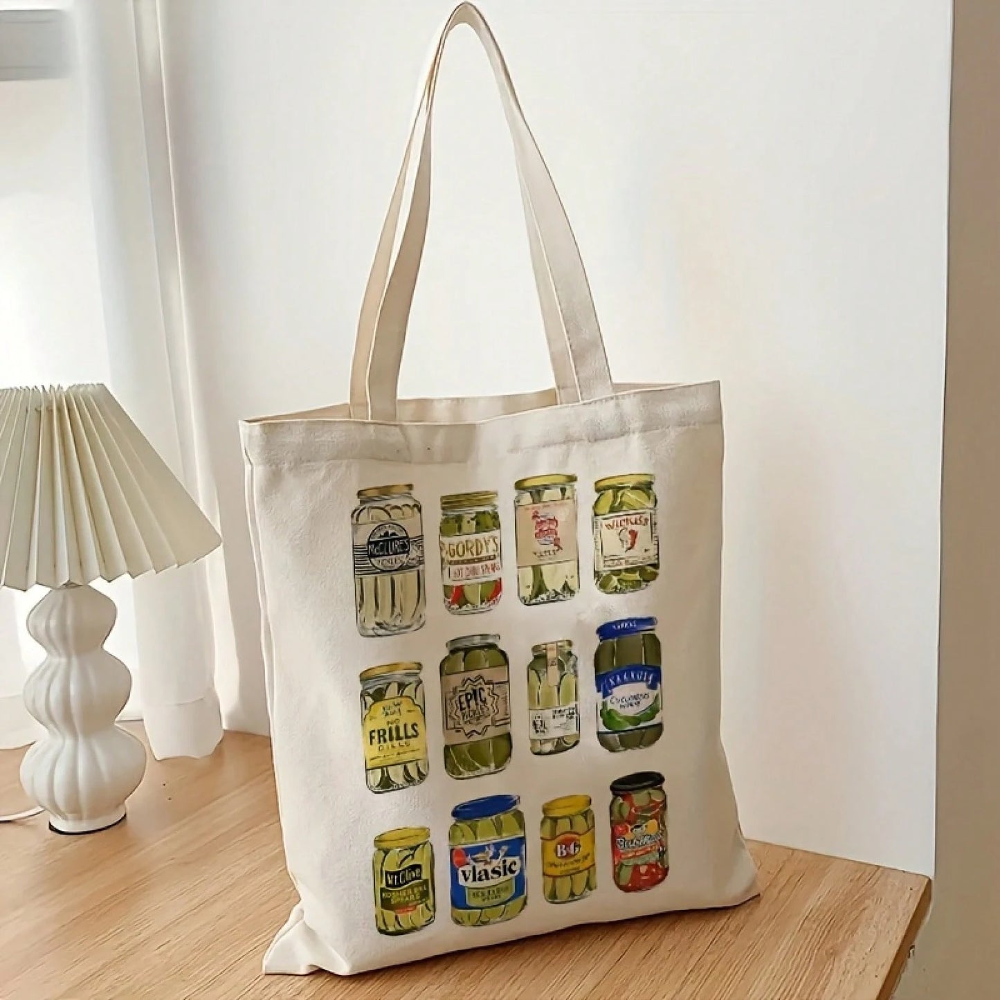 Funny Vintage Pickle Jar Illustrations Canvas Tote Bag- Beige Casual Shoulder Bag With Colorful Canned Pickles Design, Machine Washable Durable Fabric, Top Handles For Daily Commute & Picnic- Quirky