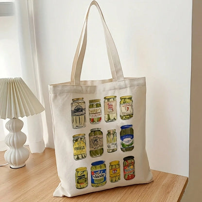 Funny Vintage Pickle Jar Illustrations Canvas Tote Bag- Beige Casual Shoulder Bag With Colorful Canned Pickles Design, Machine Washable Durable Fabric, Top Handles For Daily Commute & Picnic- Quirky