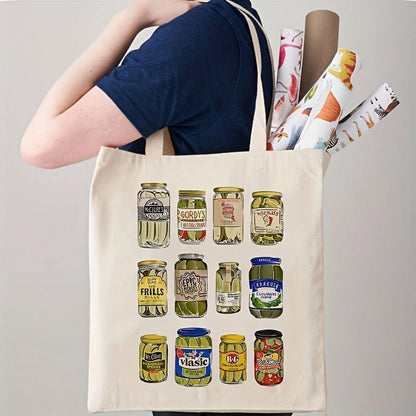 Funny Vintage Pickle Jar Illustrations Canvas Tote Bag- Beige Casual Shoulder Bag With Colorful Canned Pickles Design, Machine Washable Durable Fabric, Top Handles For Daily Commute & Picnic- Quirky