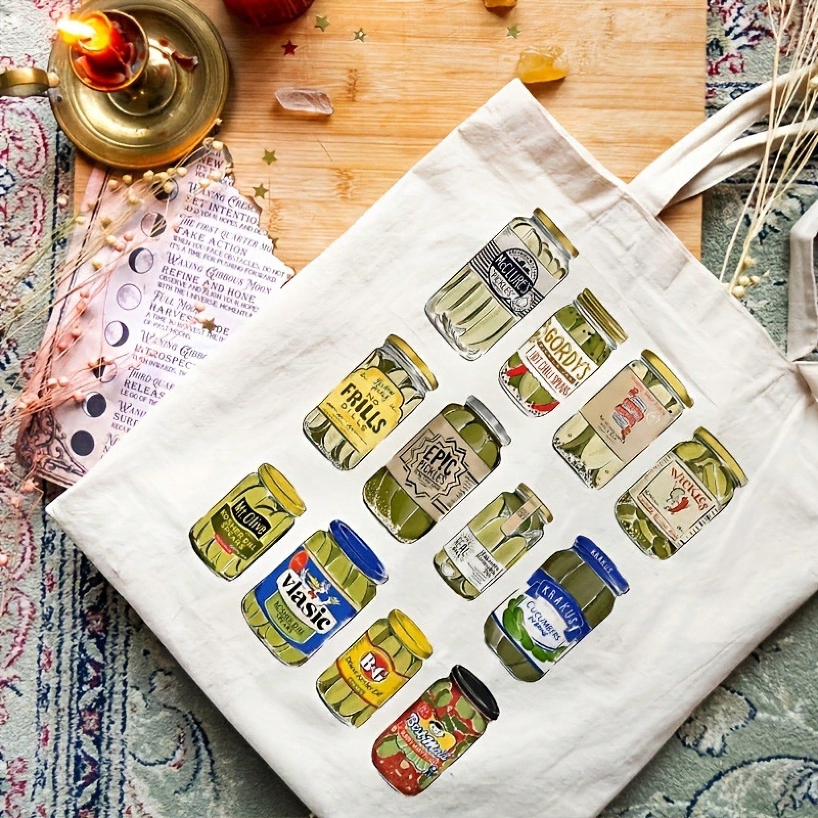 Funny Vintage Pickle Jar Illustrations Canvas Tote Bag- Beige Casual Shoulder Bag With Colorful Canned Pickles Design, Machine Washable Durable Fabric, Top Handles For Daily Commute & Picnic- Quirky