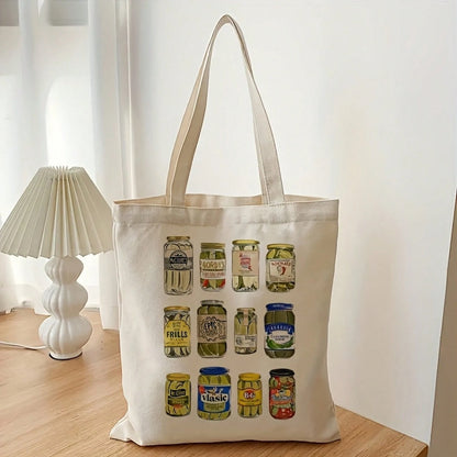 Funny Vintage Pickle Jar Illustrations Canvas Tote Bag- Beige Casual Shoulder Bag With Colorful Canned Pickles Design, Machine Washable Durable Fabric, Top Handles For Daily Commute & Picnic- Quirky